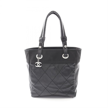CHANEL Paris Biarritz PM Shoulder Tote Handbag canvas leather Black SHW Used CC