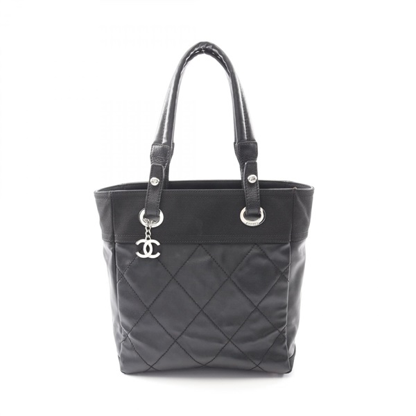 CHANEL Paris Biarritz PM Shoulder Tote Handbag canvas leather Black SHW Used CC