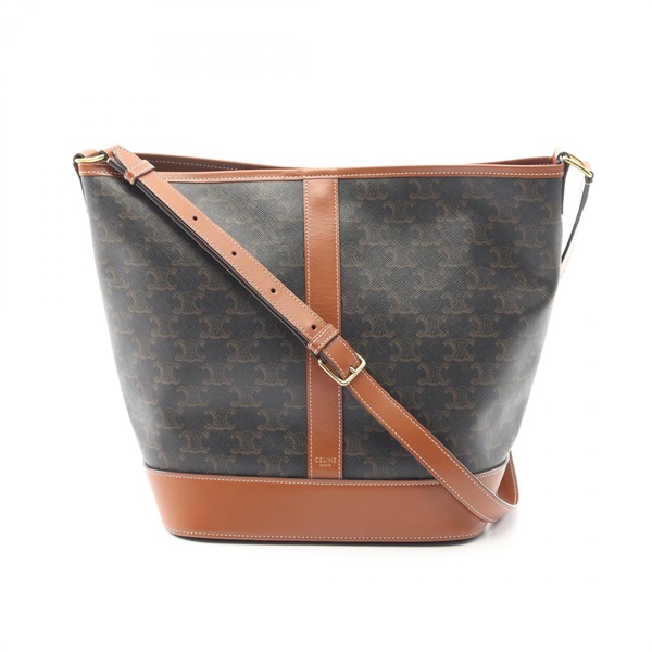 CELINE Medium Bucket Triomphe Shoulder Bag canvas leather Black Brown Used Women