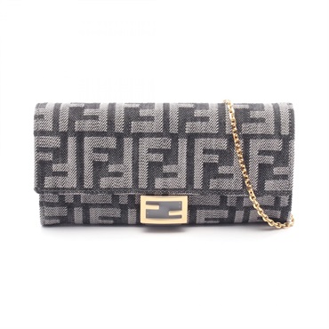 FENDI Baguette Wallet on Chain FF Jacquard Shoulder Bag denim leather Navy NEW