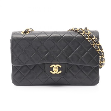 CHANEL Matelasse W flap Shoulder Bag Lambskin sheep leather Black Used Women GHW