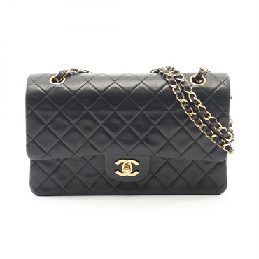CHANEL Matelasse W flap Shoulder Bag Lambskin sheep leather Black Used Women GHW