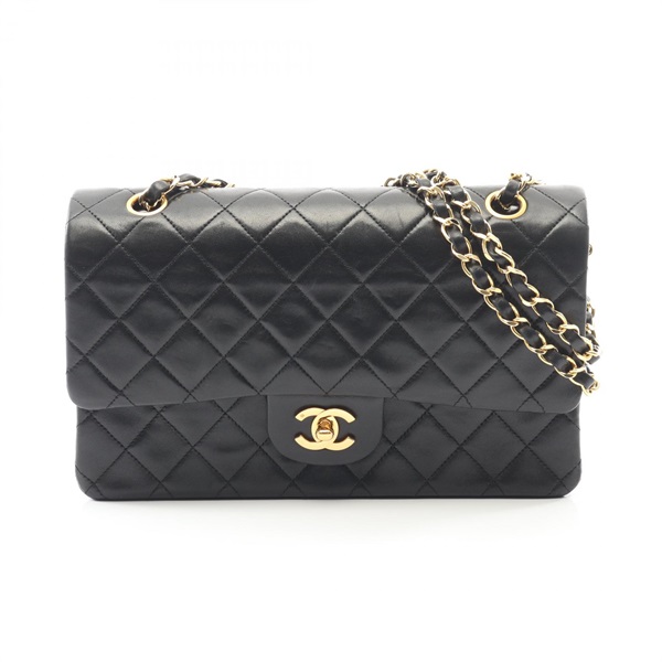 CHANEL Matelasse W flap Shoulder Bag Lambskin sheep leather Black Used Women GHW