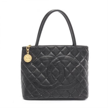 CHANEL Medallion Tote Hand Bag Grained calf leather Black Used Women GHW CC Coco