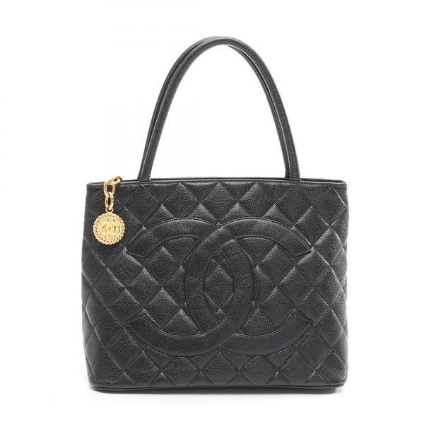 CHANEL Medallion Tote Hand Bag Grained calf leather Black Used Women GHW CC Coco