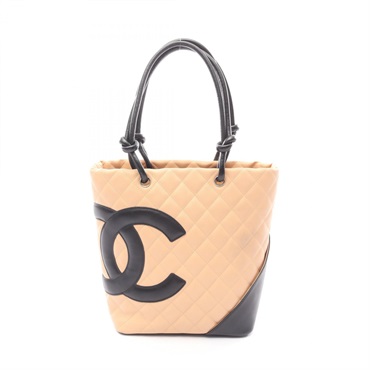 CHANEL Cambon line medium Tote Handbag leather Beige Black SHW Used Women Coco