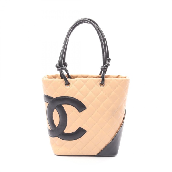 CHANEL Cambon line medium Tote Handbag leather Beige Black SHW Used Women Coco