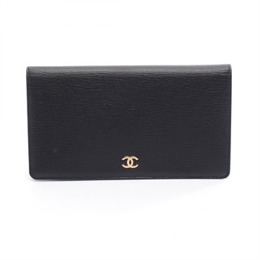 CHANEL COCO Mark Bifold long wallet purse leather Black GHW Used Women CC