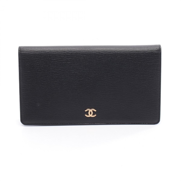 CHANEL COCO Mark Bifold long wallet purse leather Black GHW Used Women CC