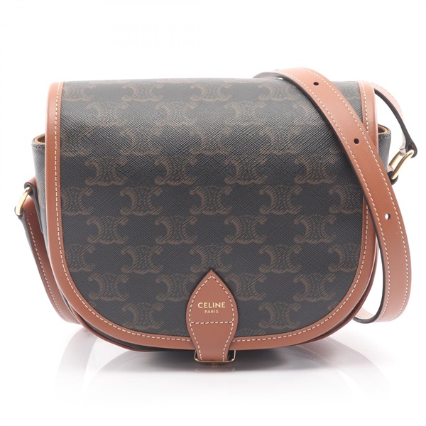 CELINE Folco Medium Triomphe Shoulder Bag canvas leather Black Brown Used Women