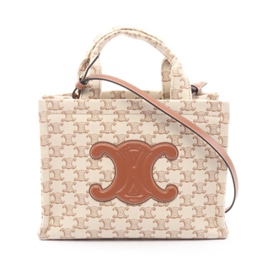 CELINE SMALL CABAS Triomphe Shoulder Tote Bag canvas leather Beige Brown Used