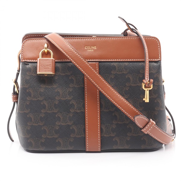 CELINE Teen Cabado France Triomphe Shoulder Bag canvas leather Black Brown Used