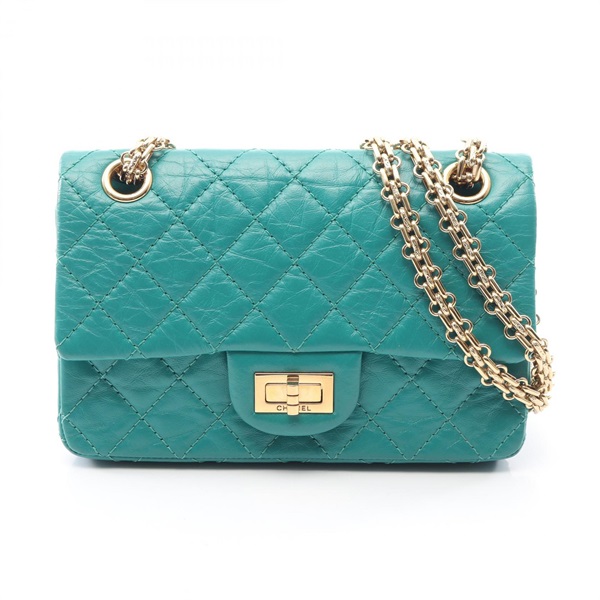 CHANEL 2.55 Mini Matelasse chain Shoulder hand Bag Calfskin Green Used Women