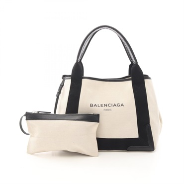 BALENCIAGA NAVY CABAS S Tote Handbag 339933 canvas leather Beige Black Used