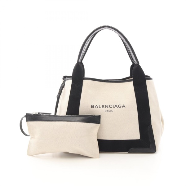 BALENCIAGA NAVY CABAS S Tote Handbag 339933 canvas leather Beige Black Used