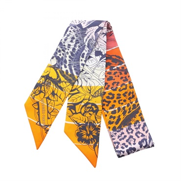 HERMES Twilly JUNGLE LOVE Ribbon Scarf Foulard silk soie Orange Multicolor Used