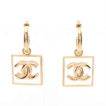 CHANEL COCO Mark Square Swing Hoop Pierced earrings Gold Plated Used Women CC