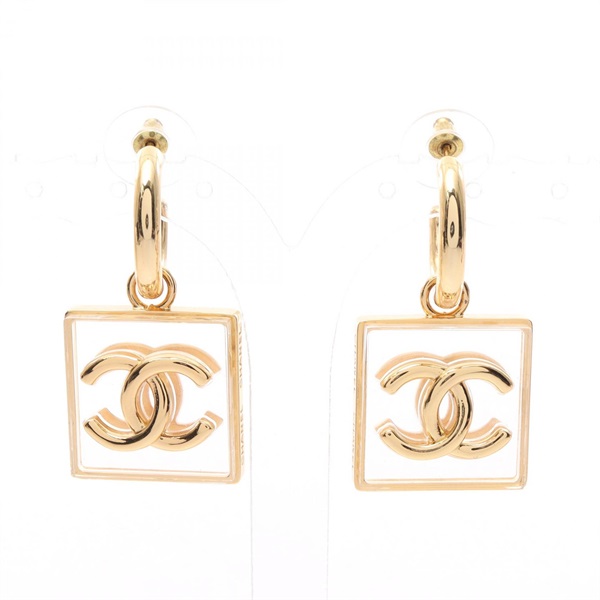CHANEL COCO Mark Square Swing Hoop Pierced earrings Gold Plated Used Women CC