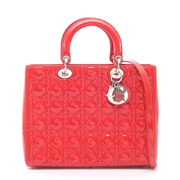 Dior Lady Dior Large Shoulder Tote Handbag Patent leather Red Used Women