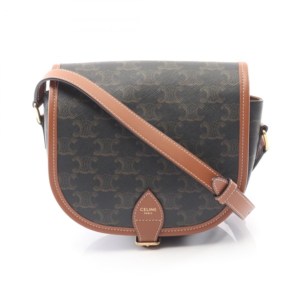 CELINE Folco Medium Triomphe Shoulder Bag canvas leather Black Brown Used Women