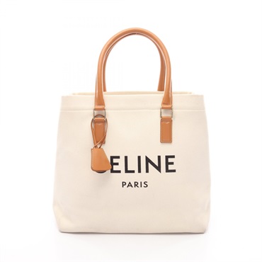 CELINE Horizontal Cabas Hand Tote Bag canvas leather White Brown Used Women logo