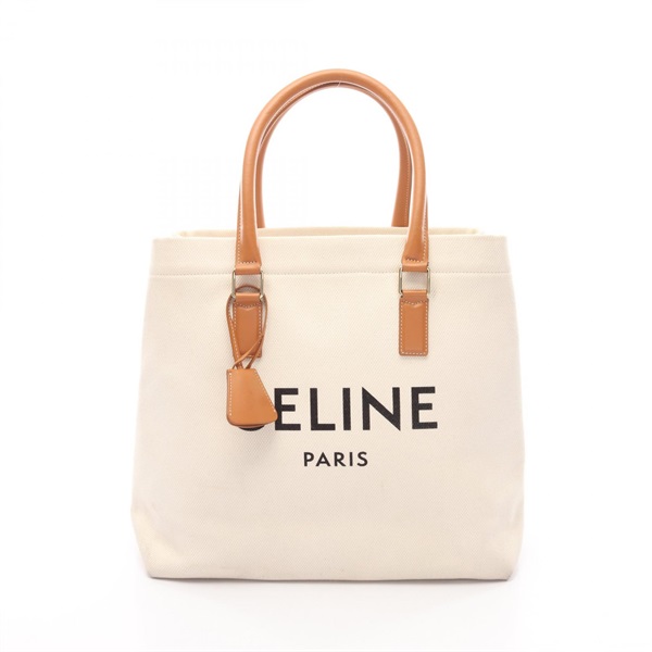 CELINE Horizontal Cabas Hand Tote Bag canvas leather White Brown Used Women logo