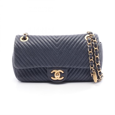 CHANEL Chevron V Stitch chain Shoulder Bag leather Navy Used Women GHW