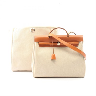HERMES Herbag MM Shoulder Handbag Toile H canvas Vache Hunter leather Used C