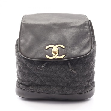 CHANEL Matelasse Rucksack Backpack Lamb leather Fabric Gray Black Used Women GHW