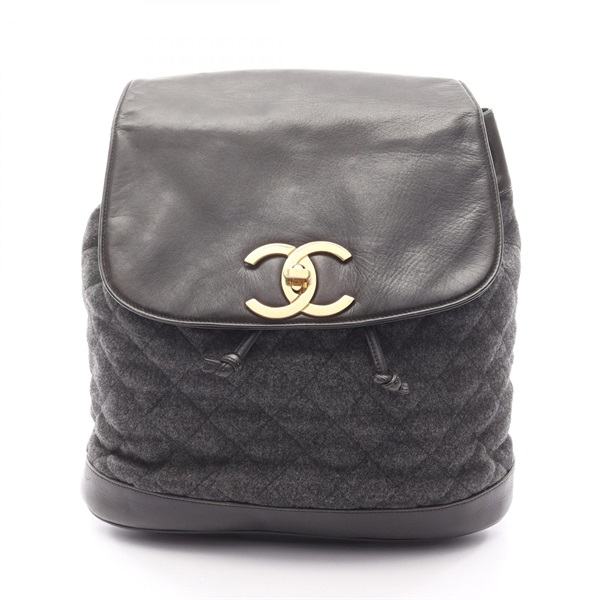CHANEL Matelasse Rucksack Backpack Lamb leather Fabric Gray Black Used Women GHW