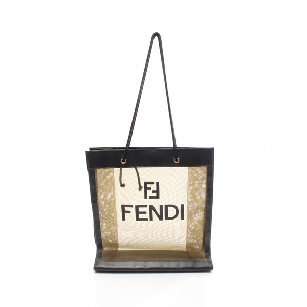 FENDI FF logo mesh Shoulder Tote Bag leather Fabric Khaki Black Used Women