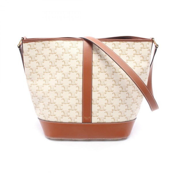 CELINE Medium Bucket Triomphe Shoulder Bag 191132CAS canvas leather White Brown