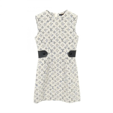 LOUIS VUITTON Monogram sleeveless Dress #36 cotton Rayon wool Beige Blue Used LV