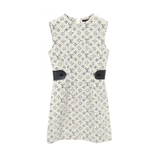 LOUIS VUITTON Monogram sleeveless Dress #36 cotton Rayon wool Beige Blue Used LV