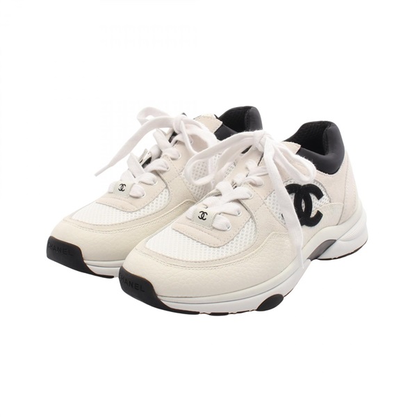 CHANEL COCO Mark sneakers shoes #36 leather Suede Fabric White Black Used Women