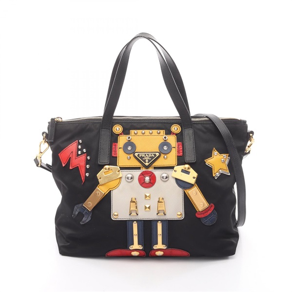 PRADA Tote Shoulder Crossbody Handbag Nylon Saffiano leather Black Used Women