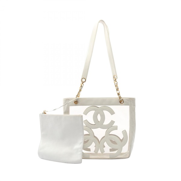 CHANEL COCO Mark Shoulder Tote Bag leather Plastics White Used Women GHW