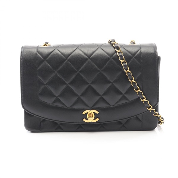 CHANEL Matelasse Diana Flap Chain Shoulder Crossbody Bag Lamb leather Black Used