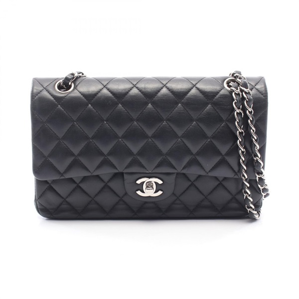 CHANEL Matelasse W flap chain Shoulder Bag A01112 Lambskin Black Used Women SHW