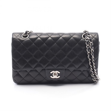 CHANEL Matelasse W flap chain Shoulder Bag Lambskin Black Used Women SHW