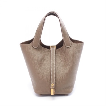 HERMES Picotin Lock PM tote Handbag W Taurillon Clemence Etoupe Grey Used GHW