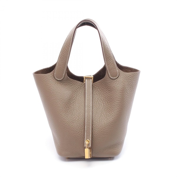 HERMES Picotin Lock PM tote Handbag W Taurillon Clemence Etoupe Grey Used GHW