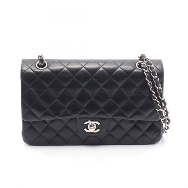 CHANEL Matelasse W flap chain Shoulder Bag Lambskin leather Black Used Women SHW