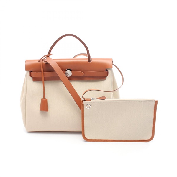 HERMES Herbag Zip PM shoulder Handbag Y Toile Military Beton Fauve Used SHW
