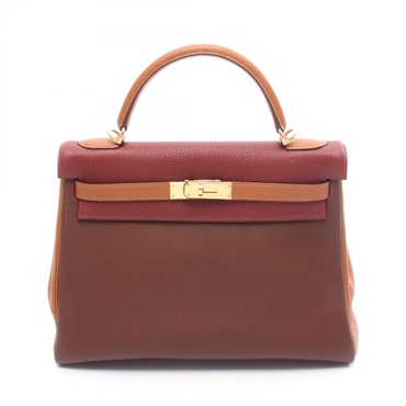 HERMES Kelly 32 Tricolor shoulder Handbag F Taurillon Clemenc Brown Rouge H GHW