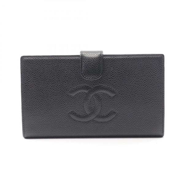 CHANEL COCO Mark Bifold long purse wallet Grained Calfskin leather Black Used CC