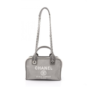 CHANEL Deauville bowling chain Shoulder Bag canvas leather Gray Used Women SHW
