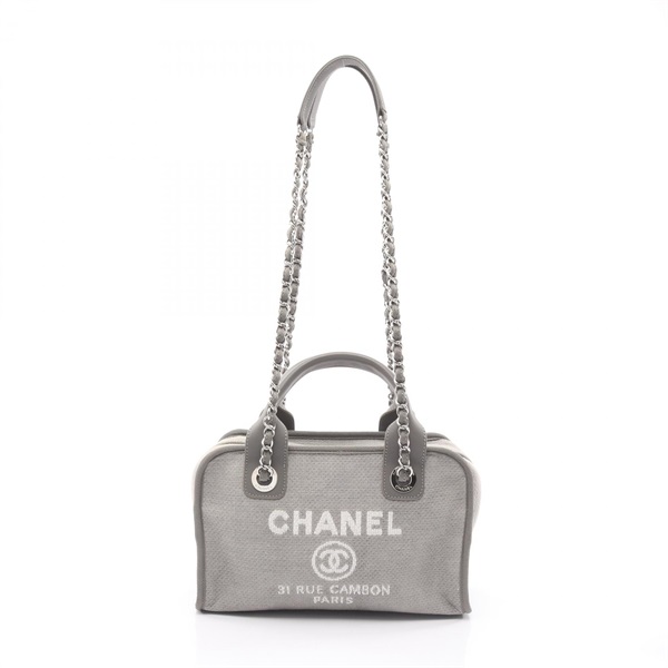 CHANEL Deauville bowling chain Shoulder Bag canvas leather Gray Used Women SHW