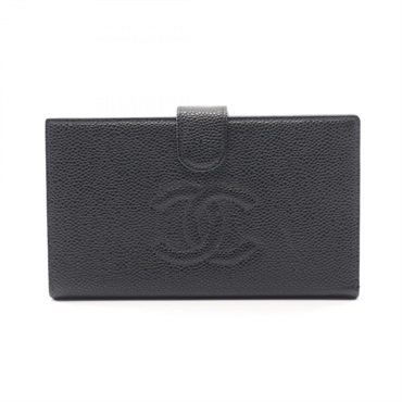 CHANEL COCO Mark Bifold long purse wallet A13498 Grained calf leather Black Used