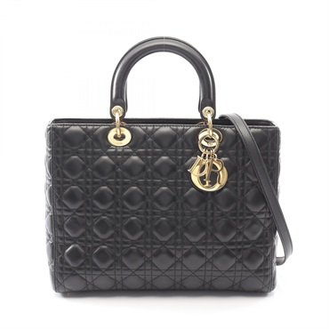 Christian Dior Lady Dior Large Cannage Shoulder Handbag leather Black Used Women